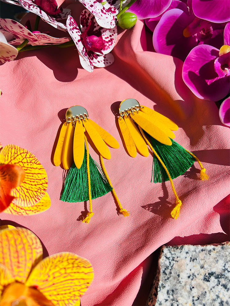 Daisy Daze | Yellow – Handmade earrings crafted with a stunning tasselled bloom design for a bold statement - styled shot 