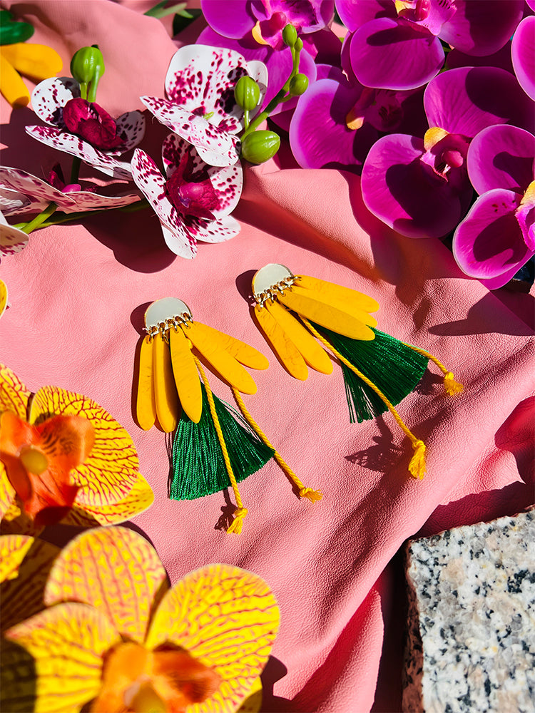 Daisy Daze | Yellow – Unique handmade earrings combining floral inspiration and tasselled artistry - styled shot 