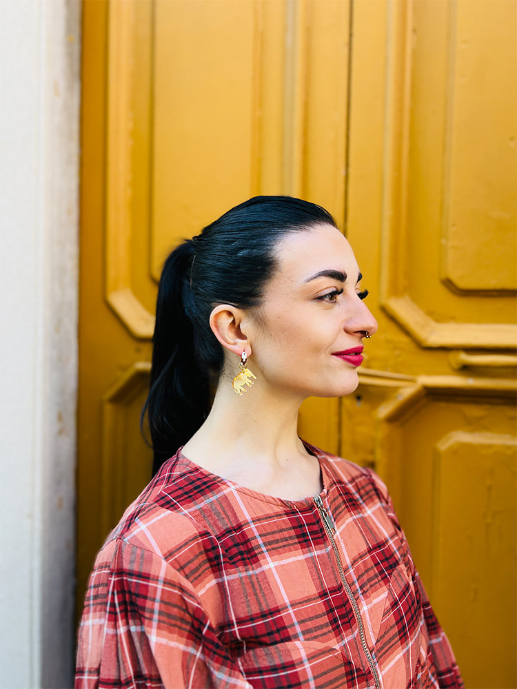 The Elephant | Crazy Quilt | Mini Hoop - Handmade Earrings, featuring a quirky Crazy Quilt design, these vibrant earrings are the perfect choice for those who love bold, handmade jewellery - photo Model - Italy