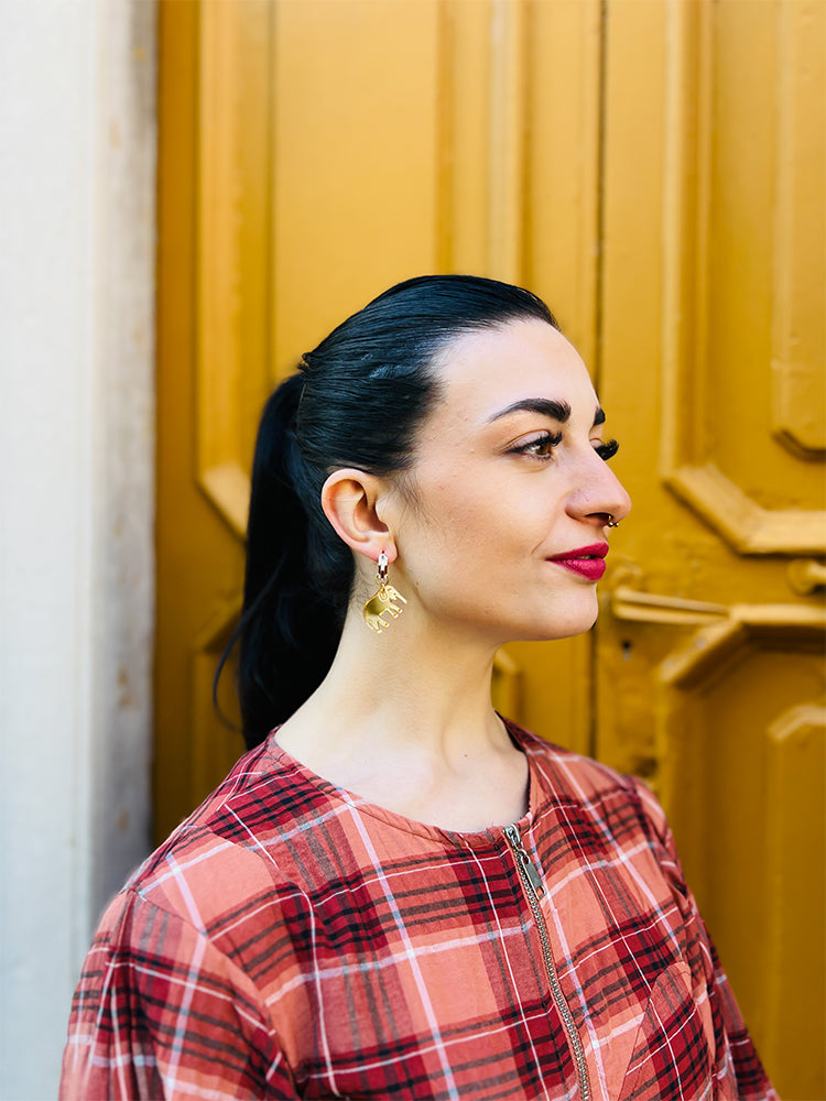 The Elephant | Crazy Quilt | Mini Hoop - Handmade Earrings, these quirky mini hoops with a bold Crazy Quilt pattern are a must-have for anyone who loves unique, playful jewellery - photo Model - Italy