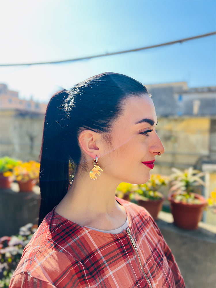 The Elephant | Crazy Quilt | Mini Hoop - Handmade Earrings, a cheeky and fun addition to any jewellery collection. Bold Crazy Quilt design for lovers of unique and colourful charm earrings - photo Model - Italy