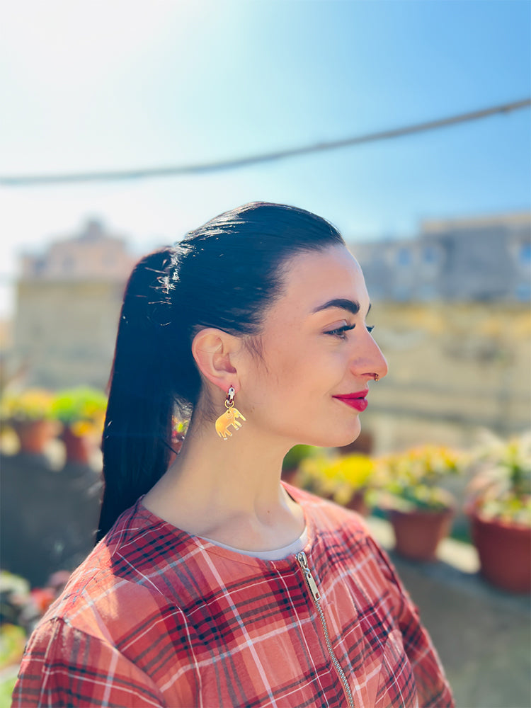 he Elephant | Crazy Quilt | Mini Hoop - Handmade Earrings, quirky charm hoops with a bold Crazy Quilt pattern. The perfect statement jewellery for those who love fun, colourful earrings - photo Model - Italy