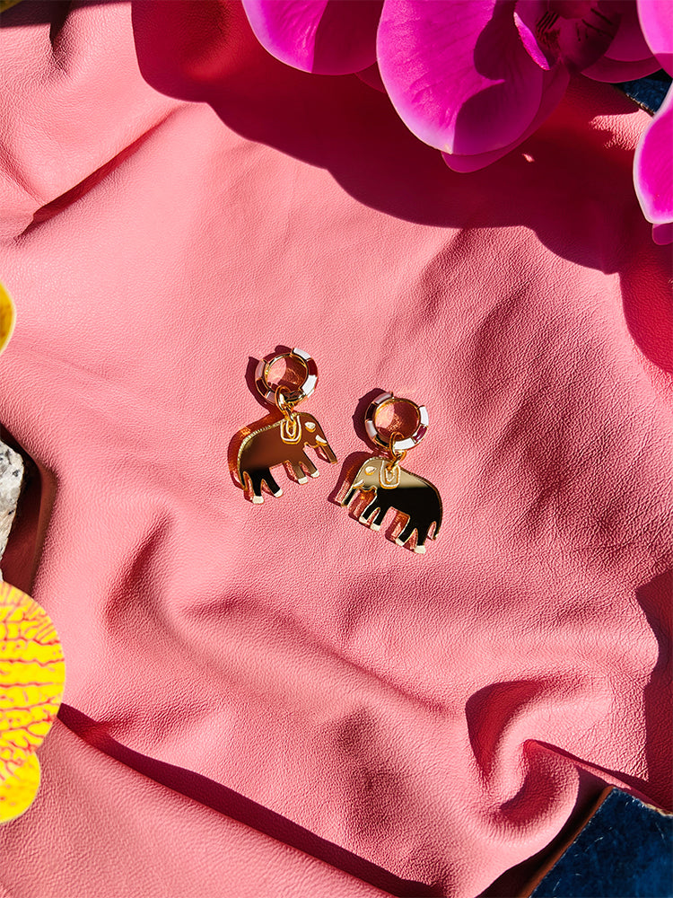 he Elephant | Crazy Quilt | Mini Hoop - Handmade Earrings, bright and fun with a Crazy Quilt design. A bold statement piece for those who love colourful, unique jewellery - styled shot