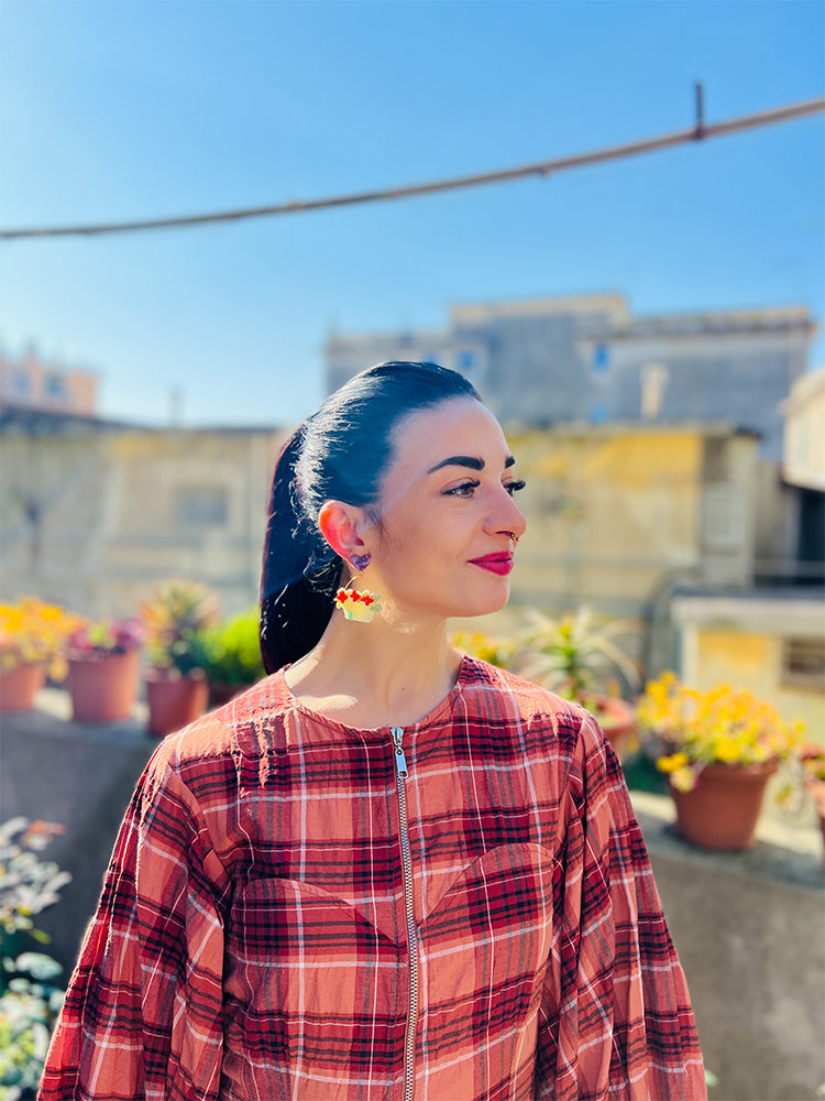 Flower Baskets | Crazy Quilt - Beautiful handmade earrings featuring patchwork patterns and a unique floral basket design - photo model - Italy 