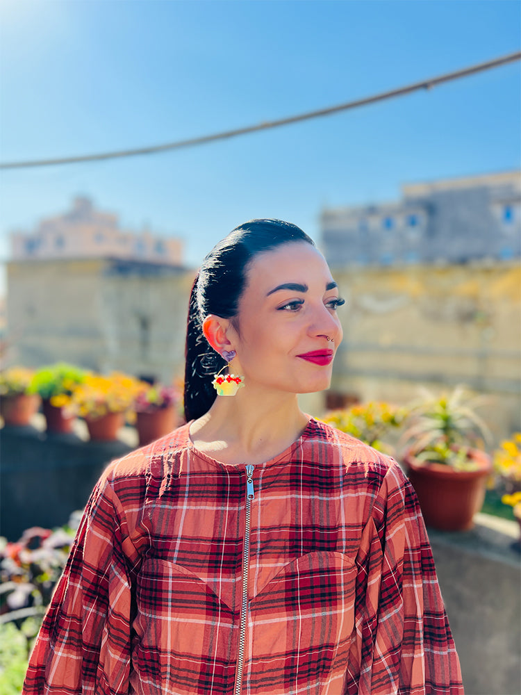Flower Baskets | Crazy Quilt - Intricate handmade earrings featuring a creative fusion of floral elements and quilt-inspired patterns - photo model - Italy 