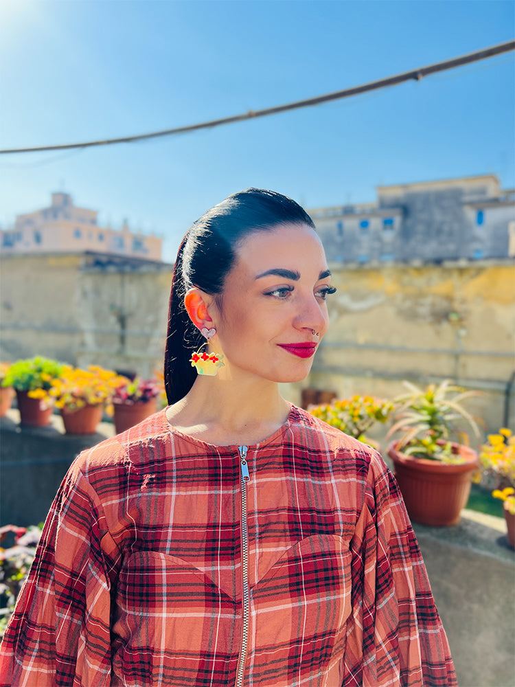 Flower Baskets | Crazy Quilt - Handmade earrings that fuse bold floral details with Crazy Quilt patterns for a striking, artistic look - photo model - Italy 