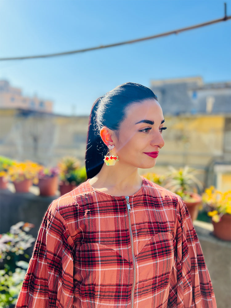 Flower Baskets | Crazy Quilt - Whimsical handmade earrings with intricate quilt-like details and floral-inspired designs - photo model - Italy 