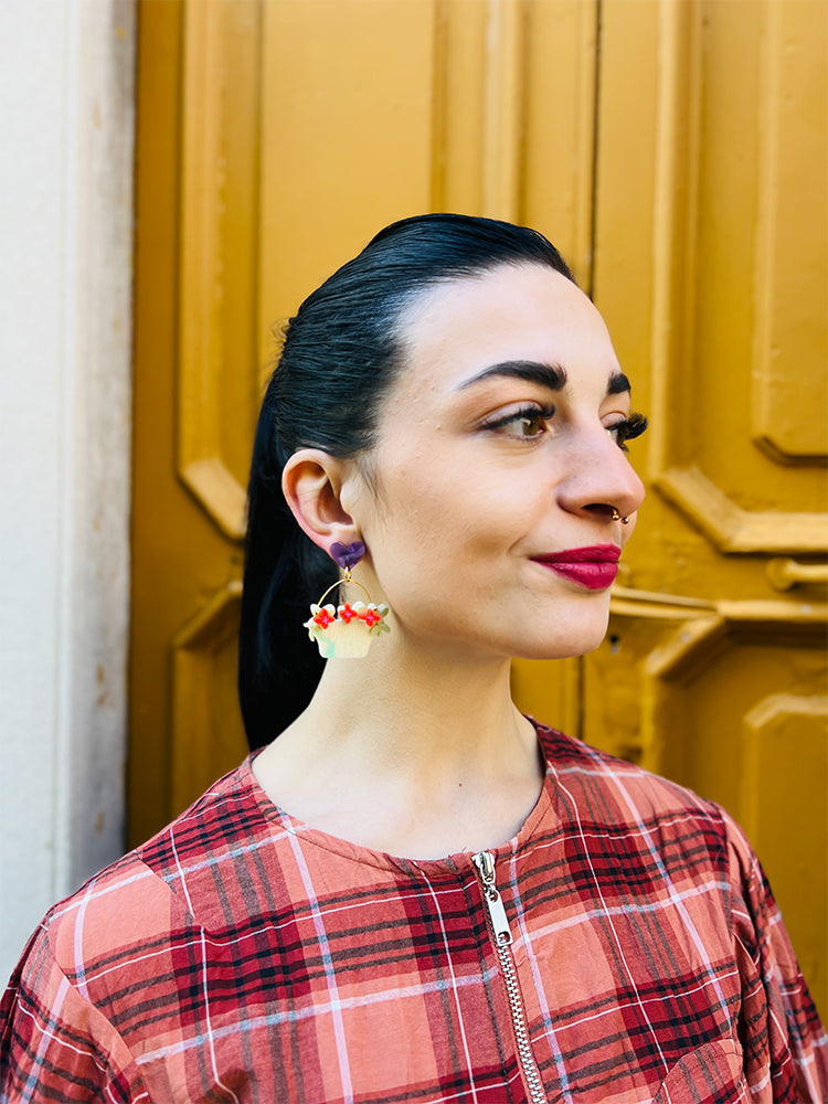Flower Baskets | Crazy Quilt - Bold, handmade earrings combining the charm of floral designs with the creative essence of Crazy Quilt - photo model - Italy 