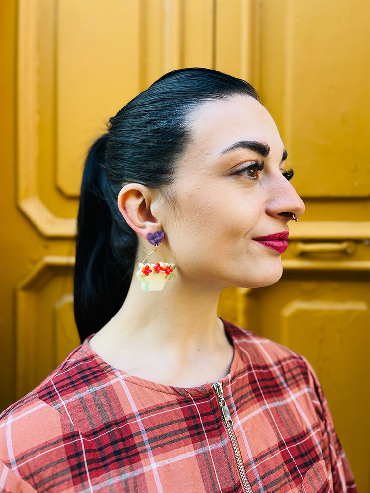 Flower Baskets | Crazy Quilt - Statement earrings with a bold, vibrant floral design and Crazy Quilt-inspired details -  photo model - Italy 