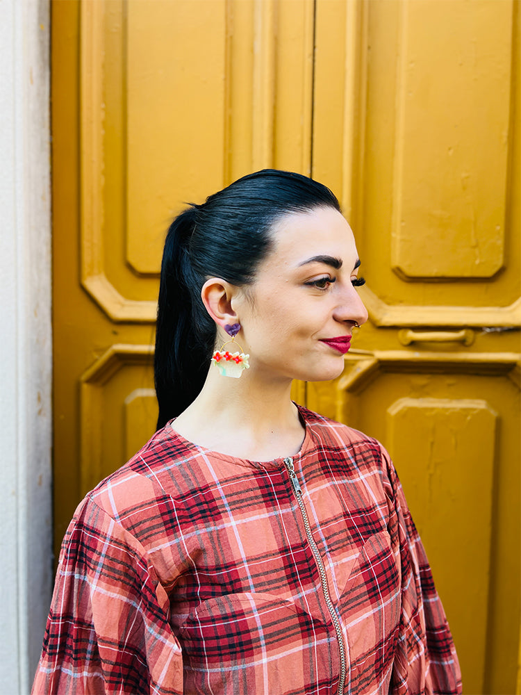 Flower Baskets | Crazy Quilt - Bold statement earrings with a delicate flower basket design, inspired by Crazy Quilt artistry - photo model - Italy 