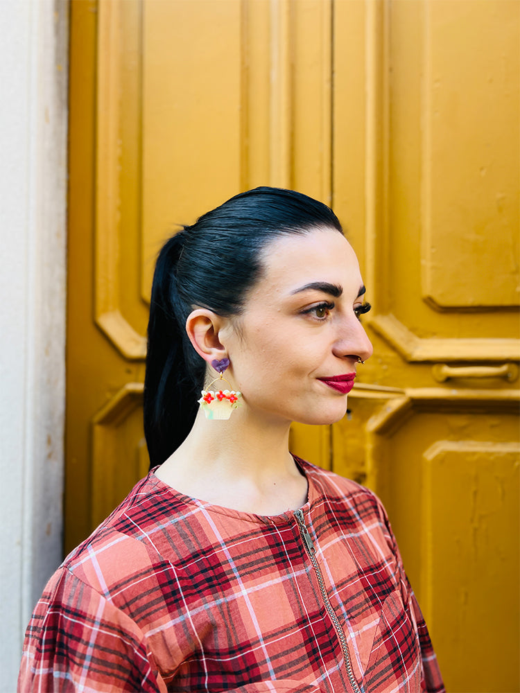 Flower Baskets | Crazy Quilt - Unique, handmade earrings that combine floral baskets with patchwork designs, inspired by the Crazy Quilt tradition - photo model - Italy 