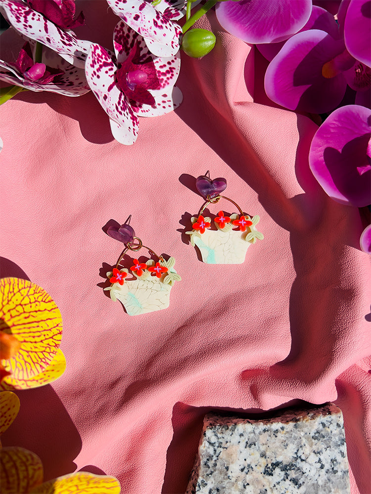 Flower Baskets | Crazy Quilt - Handmade earrings showcasing an artistic blend of floral elements and Crazy Quilt patchwork style - styled shot 