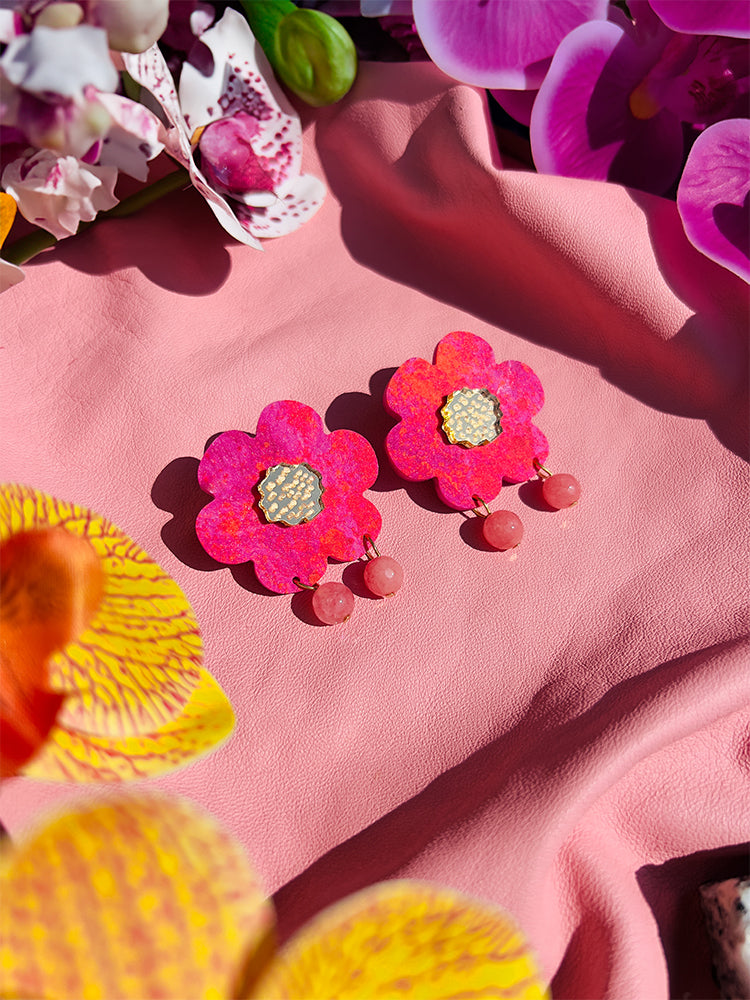 Fragole Fiore | Pink Mess – Earrings reflecting the sunlight, their vibrant hue glowing with a radiant and lively charm - styled shot