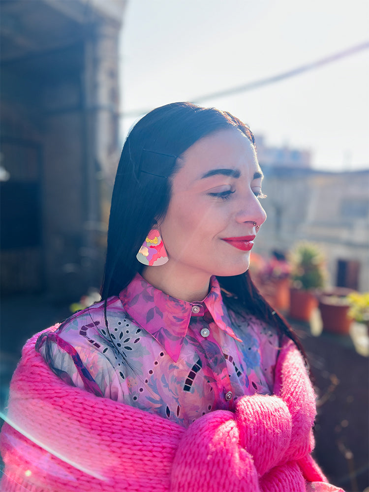 Dancing Landscape - vibrant handmade earrings with a pop of pink and red - photo model 