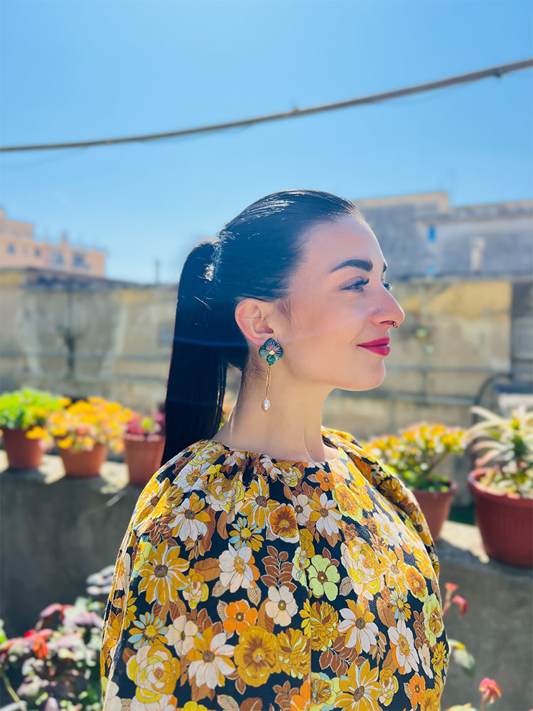 Ligurian Bloom | Deep Green - Captivating handmade earrings, embodying the vibrant energy of local flower blooms - photo Model - Italy