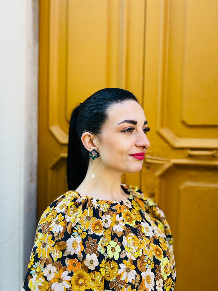 Ligurian Bloom | Deep Green - Exquisite handmade earrings, capturing the essence of vibrant countryside flowers - photo model - Italy