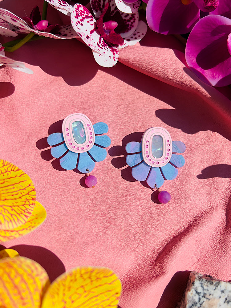 Marble Fan | Ancient Dreams | Bubble Swirl – Earrings sparkling under the sun, reflecting a soft, peaceful vibe that brings charm to your outfit - styled shot