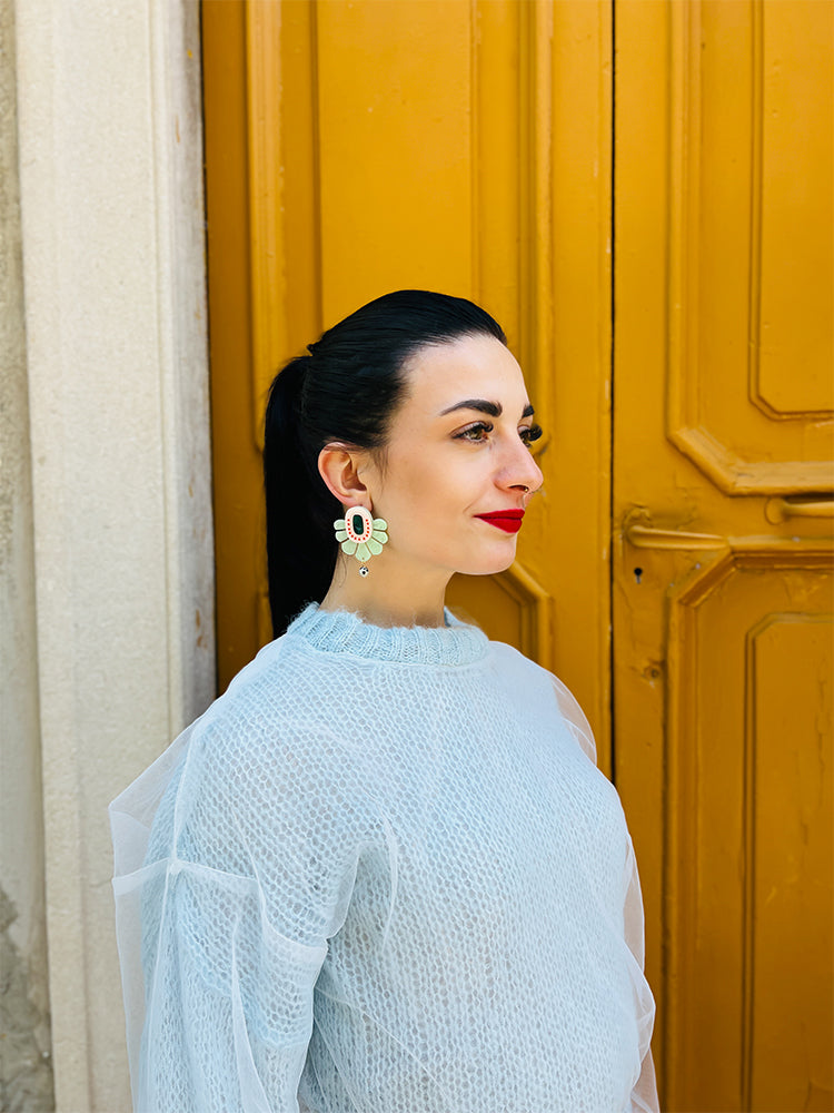 Marble Fan | Ancient Dreams | Mint Green – Timeless earrings blending ancient motifs with modern design, adding a sophisticated touch to your style - photo Model - Italy