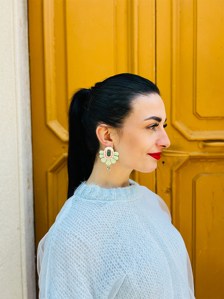Marble Fan | Ancient Dreams | Mint Green – Mint green earrings embodying the simplicity and charm of ancient marble carvings, a true statement piece - photo Model - Italy