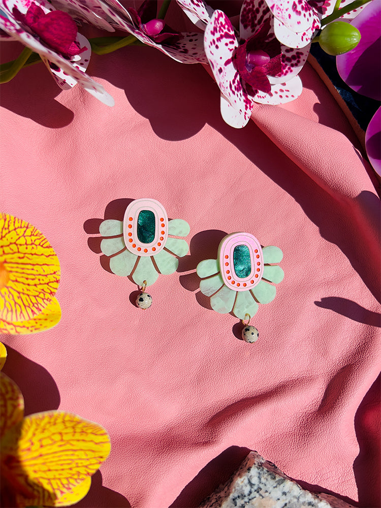 Marble Fan | Ancient Dreams | Mint Green – Earrings sparkling under the sunlight, reflecting their soft mint hue with radiant elegance - styled shot