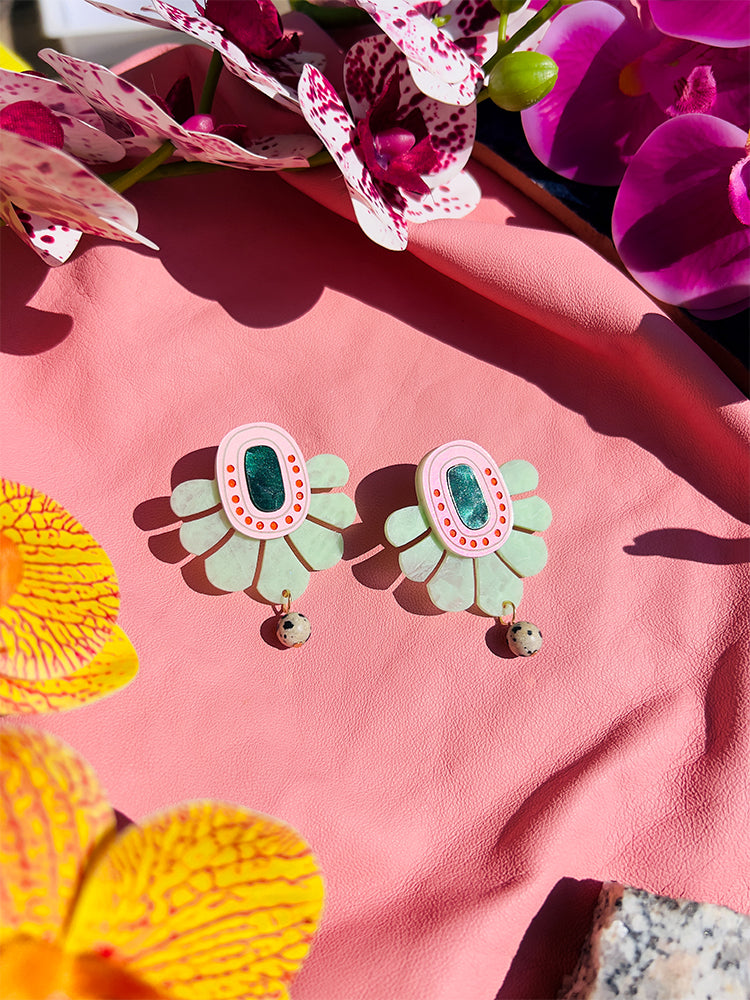Marble Fan | Ancient Dreams | Mint Green – The earrings gleam in the sunlight, showcasing their mint green tone with a luminous glow, perfect for a sunny day - styled shot