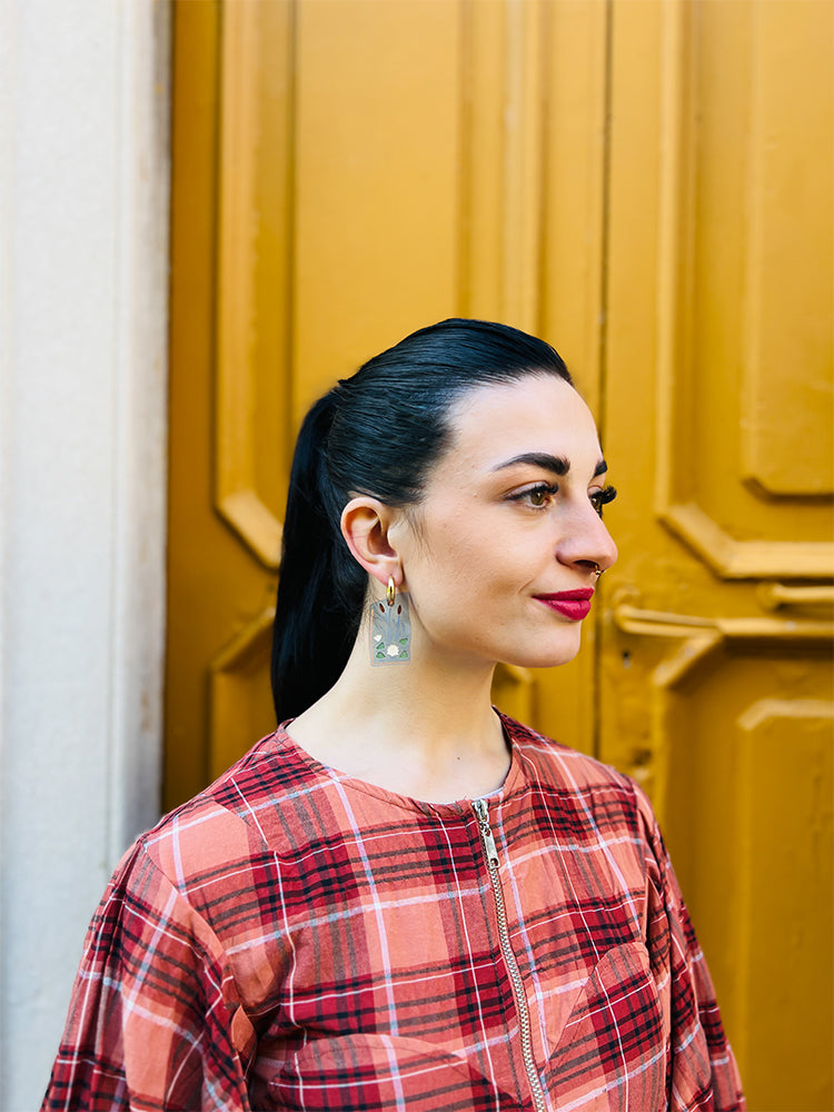 Patchwork Hoop - Crazy Quilt-inspired handmade earrings with a bold patchwork design, enhanced with delicate lily pad accents - photo model - Italy 