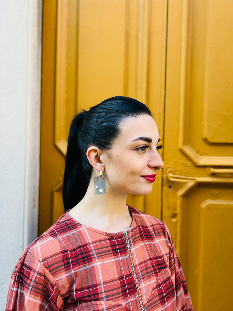 Patchwork Hoop - Handcrafted earrings with lily pads, offering a unique design that celebrates nature and artistic patchwork - photo model - Italy 