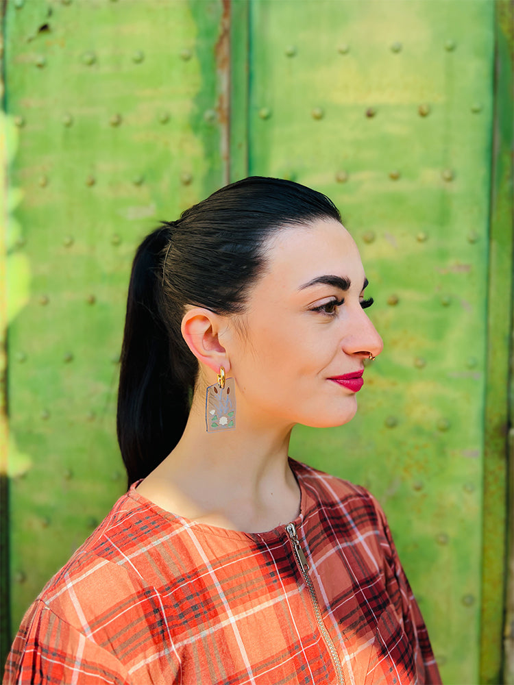 Patchwork Hoop - Handmade earrings that incorporate the organic beauty of lily pads into a patchwork design, inspired by the art of Crazy Quilt - photo model - Italy 