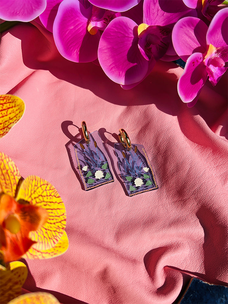 Patchwork Hoop - These patchwork earrings, adorned with lily pad elements, showcase the exquisite artistry of Crazy Quilt patterns for a distinct, stylish look - styled shot 