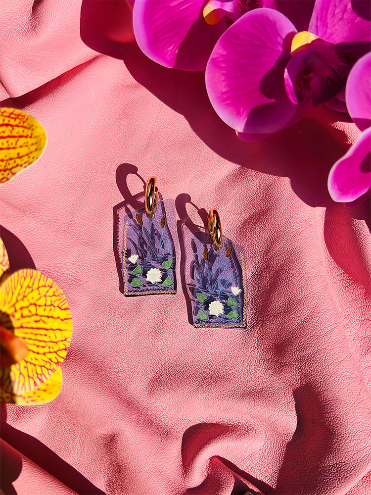 Patchwork Hoop - Crafted with elegance, these handmade earrings combine lily pad elements and the unique aesthetic of Crazy Quilt artistry - styled shot 