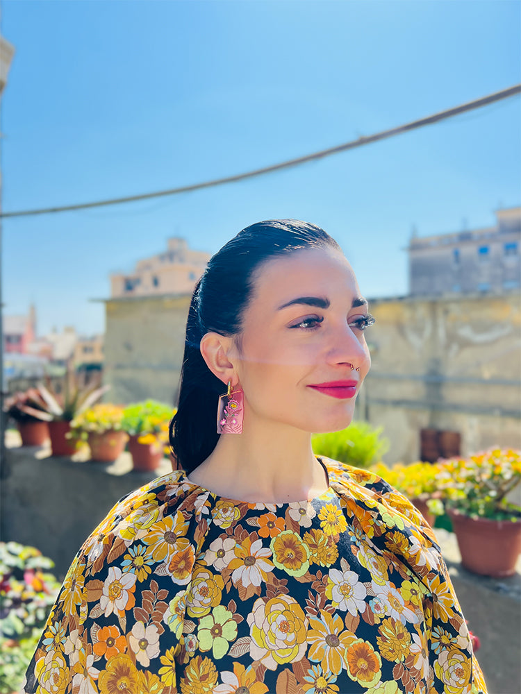 Patchwork Hoop | Pink Roses: A chic pair of handmade earrings, blending the elegance of floral roses with the artful detail of patchwork and Crazy Quilt inspiration - photo model - Italy 