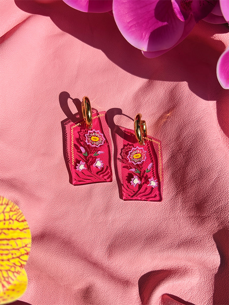 Patchwork Hoop | Pink Roses: Crafted with care, these handmade earrings feature a stunning combination of patchwork elements and pink roses for a graceful, eye-catching look - styled shot