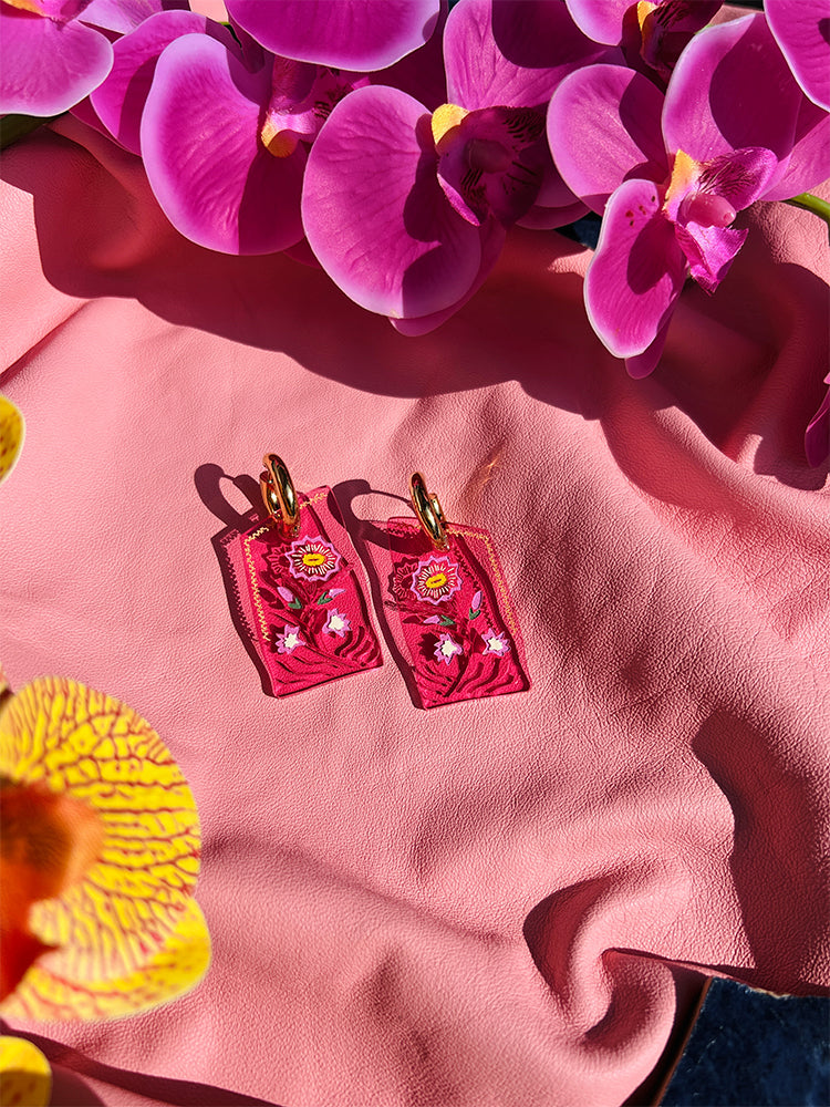 Patchwork Hoop | Pink Roses: Intricately designed handmade earrings, combining vibrant floral patterns with the timeless beauty of patchwork - styled shot 