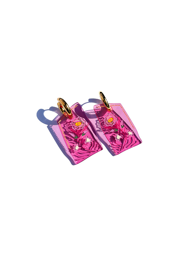 Patchwork Hoop | Pink Roses: Floral and feminine, these handmade earrings showcase a unique Crazy Quilt-inspired design with pink roses, perfect for any occasion - top view