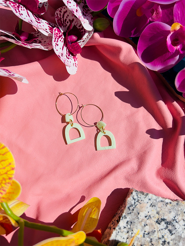 Pompei | Mini Hoop | Mint – Refreshing mint green handmade earrings, inspired by Italy’s timeless beauty, perfect for warmer weather - styled shot