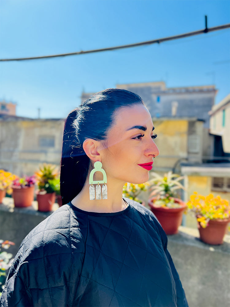Pompei | Statement | Mint – Gorgeous handmade earrings in soft mint, reflecting the beauty of Italy’s timeless ruins - photo Model - Italy