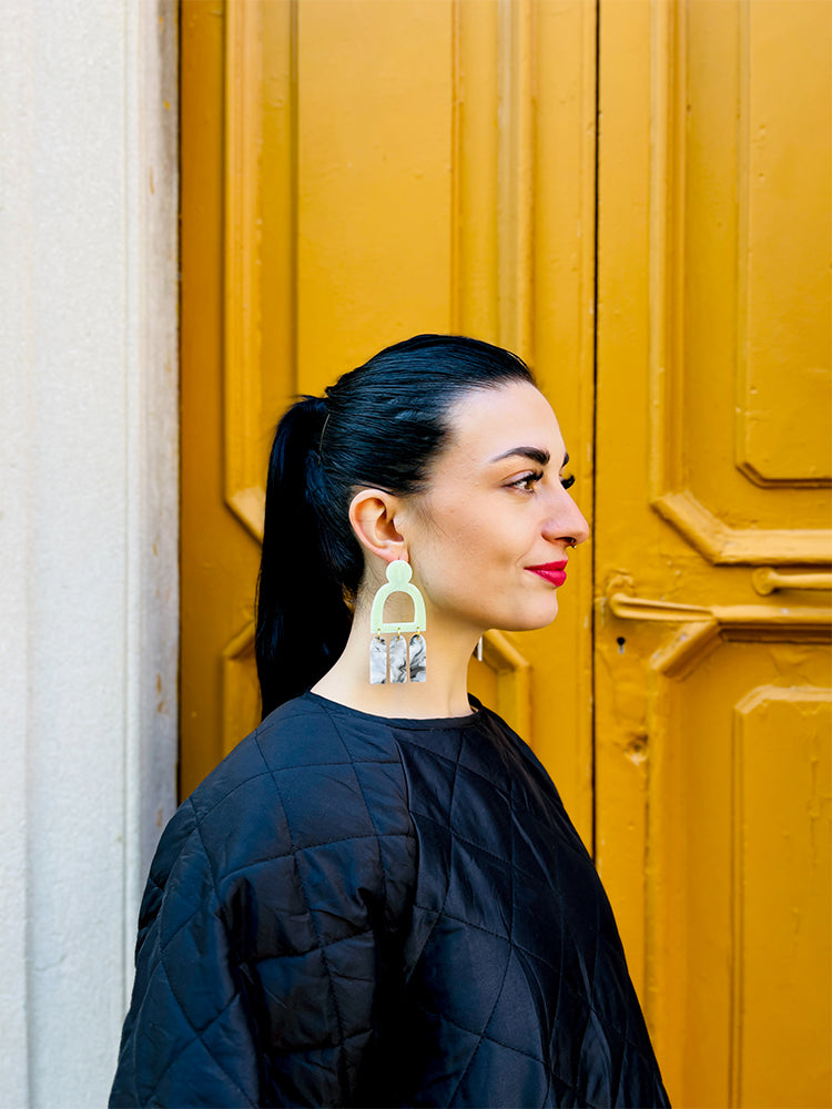 Pompei | Statement | Mint – Handmade mint earrings inspired by the classical elegance of Italy’s ancient structures - photo Model - Italy