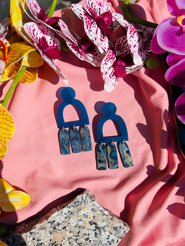 Pompei | Statement | Navy Marble – Elegant earrings capturing the essence of Italy’s timeless beauty - styled shot