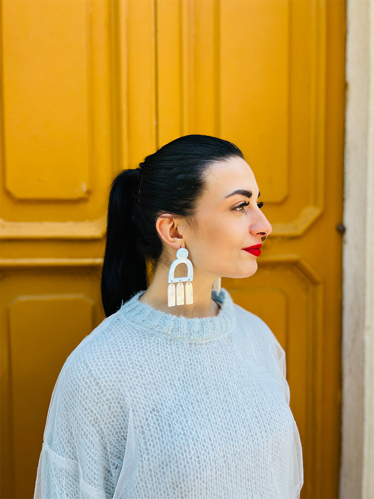 Pompei | Statement | Sky Blue White – Earrings in a delicate blue, inspired by the colour of a clear, peaceful sky - photo model - Italy