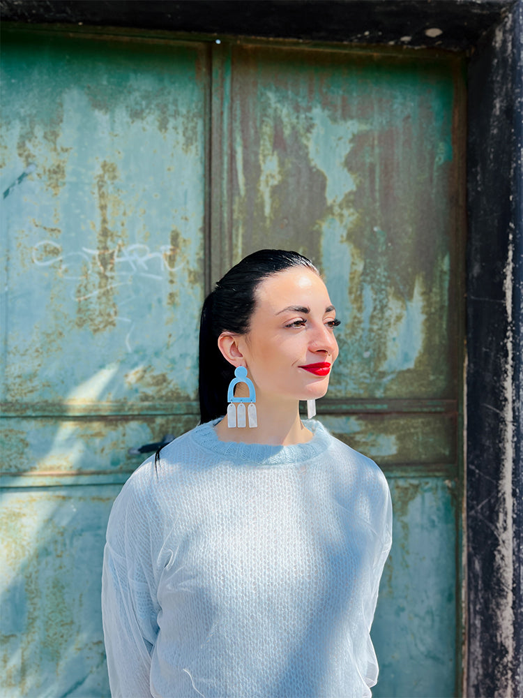 Pompei | Statement | Sky Blue White – Handmade earrings in a soft blue shade, capturing the natural elegance of the outdoors - photo model - Italy