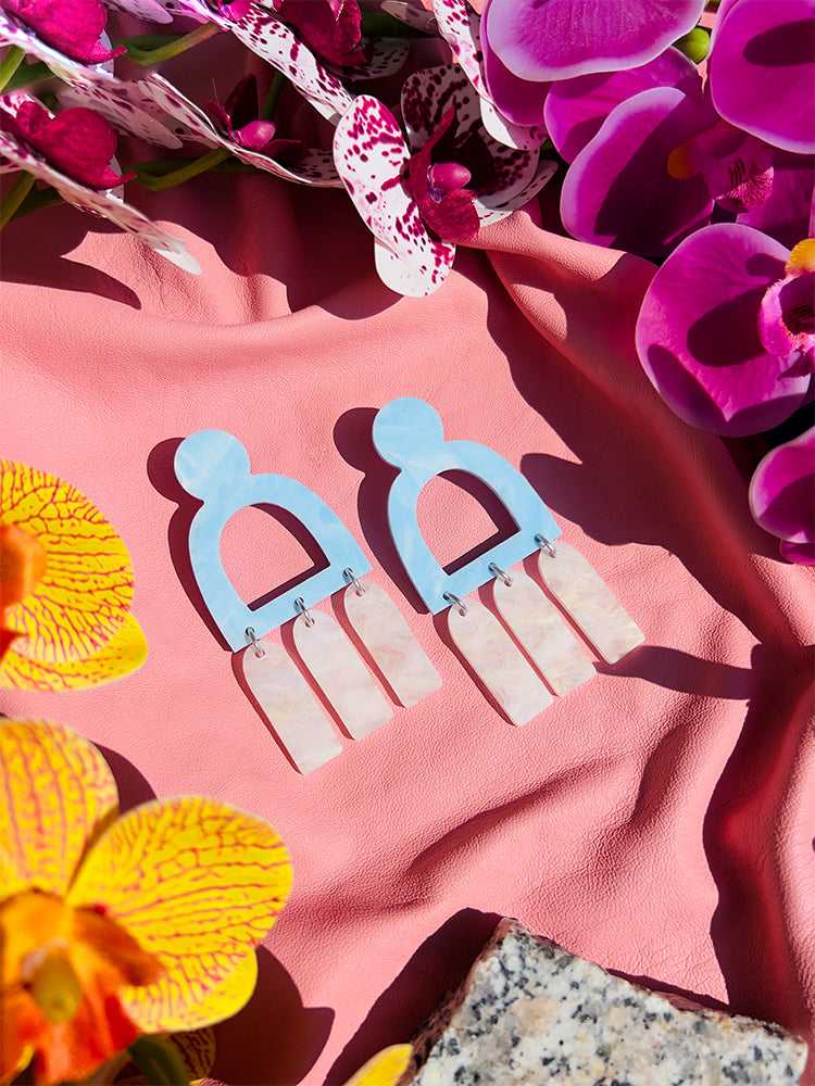 Pompei | Statement | Sky Blue White – Gorgeous earrings in light blue, inspired by the freshness of a sunny day - styled shot