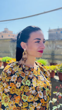 Texas Fields | Crazy Quilt - Handmade earrings showcasing creative patchwork patterns for an artistic and bold look - video model - Italy 