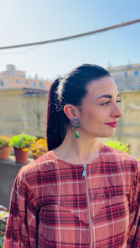Elegant handmade earrings Crazy Quilt Bloom Midi in Blue, inspired by traditional embroidery for those who seek a distinctive, refined style - video Model Italy