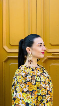 Texas Fields | Crazy Quilt - Artistic, handmade earrings featuring vibrant patchwork and modern design elements - video model - Liguria , Italy 