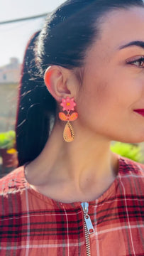 Crazy Quilt Bloom | Midi | Pink & Orange - Handmade Earrings, crafted with vibrant colours and intricate detail, a statement piece for any jewellery collection - video model Italy