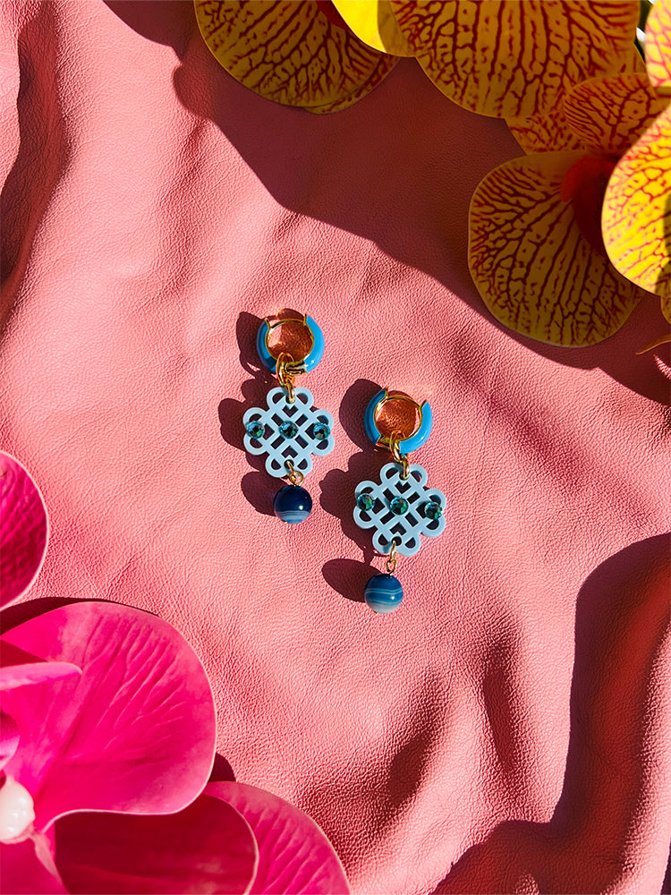 Mini Ratan Hoops Blue - handmade earrings with pearl and crystal details - stylish photo