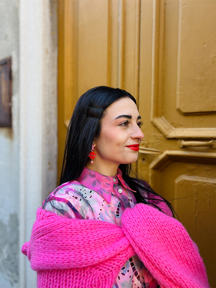 Mini Ratan Hoops Pink & Neon Red – lightweight handmade earrings - photo of model in Italy 