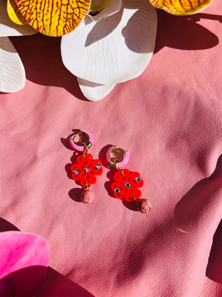 Mini Ratan Hoops Pink & Neon Red – handmade jewellery with crystals, perfect for special occasion - stylish shot