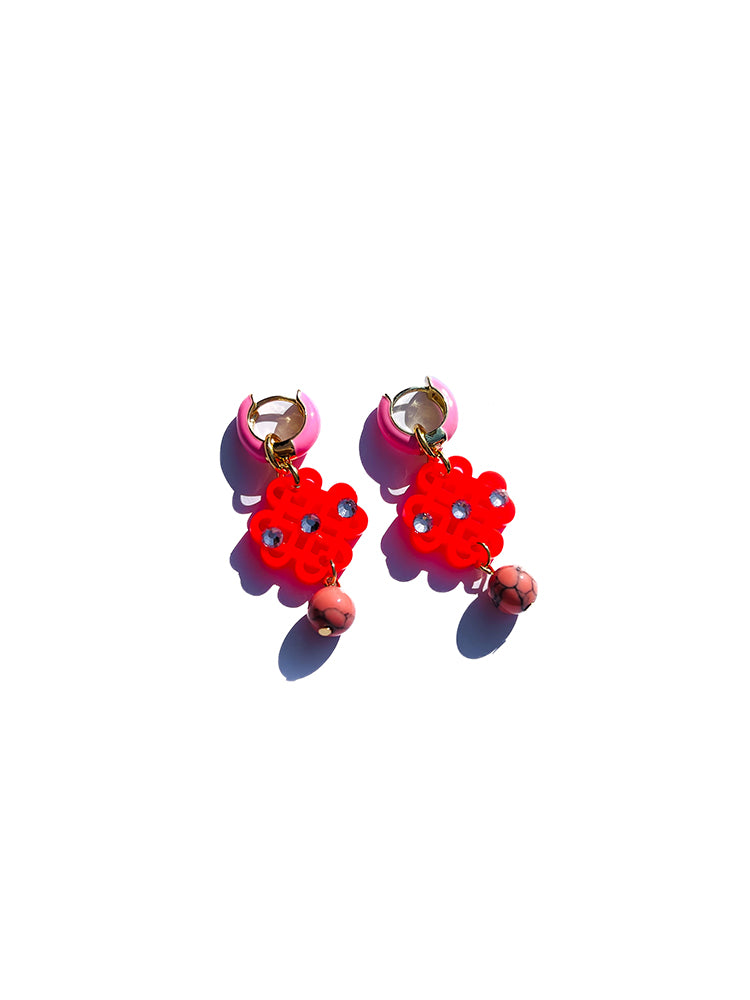 Mini Ratan Hoops Pink & Neon Red – handmade charm earrings,  colourful and lightweight - top view
