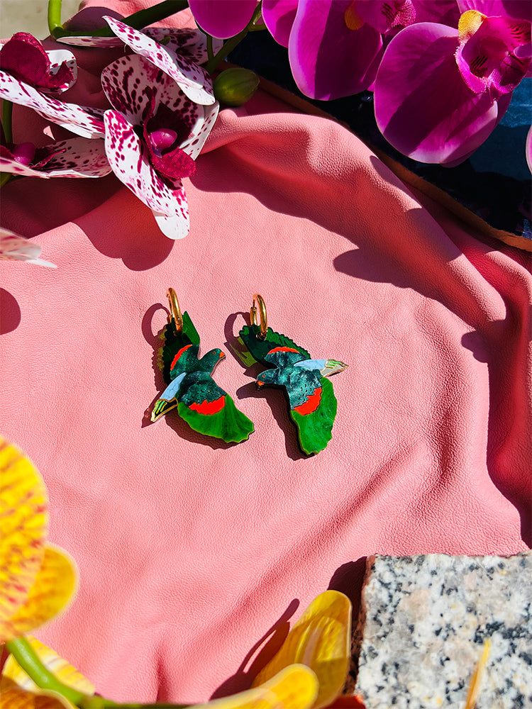 red winged parrot - refined handmade earrings that evoke natural elegance, perfect for weddings or enhancing your daily style - styled shot